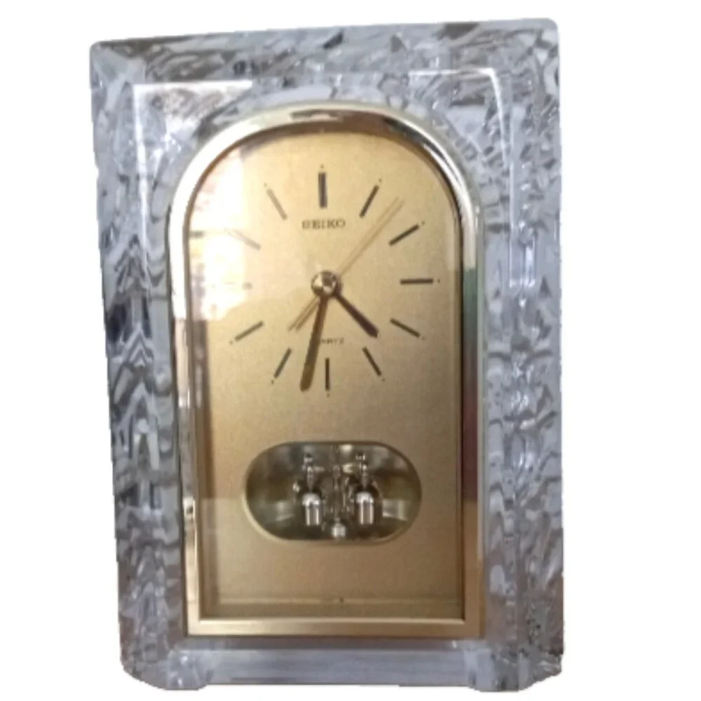 Vintage Seiko Lead Crystal Quartz Mantel Clock Gold Pendulum Japan Working